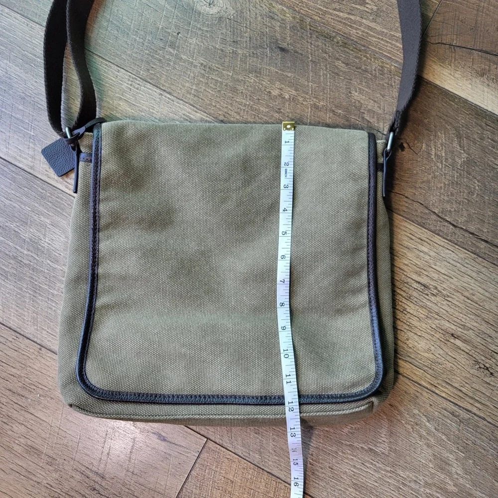 Levenger Olive Green Canvas & Brown Leather Trim Messenger Crossbody Bag